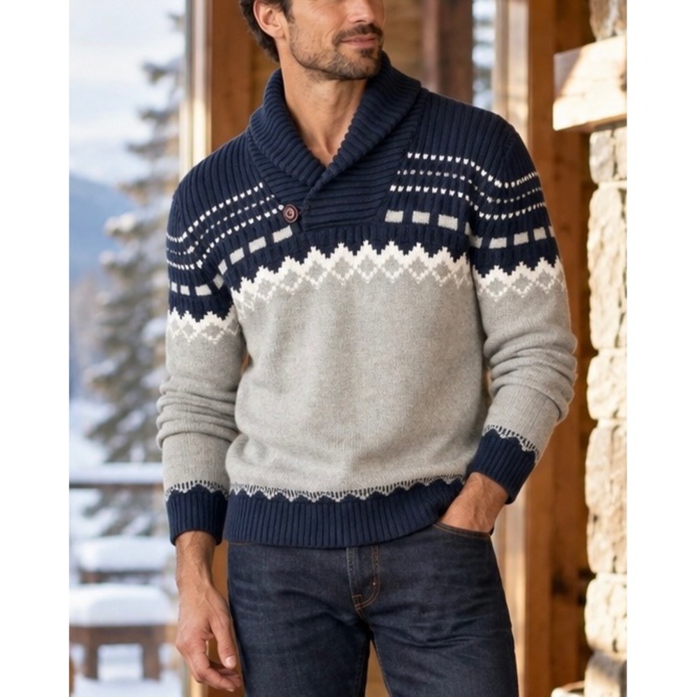 Nautica Men's Fair Isle Shawl Collar Cotton Sweater Navy Gray Medium